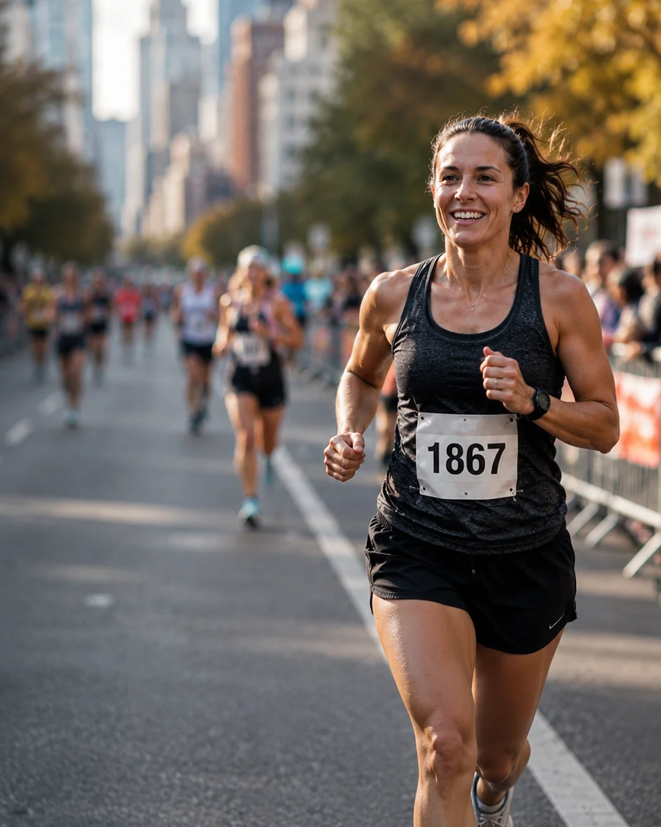 A runner wearing bib 1867 approaching the finish, with her face and bib highlighted the way RunnerTag identifies her.