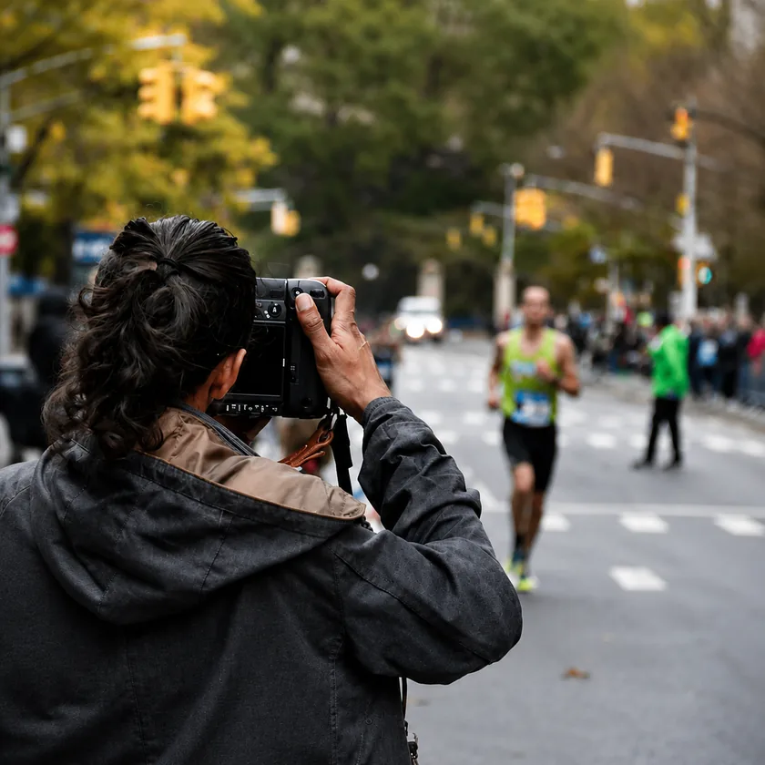 A photographer shooting down the course as a runner approaches.