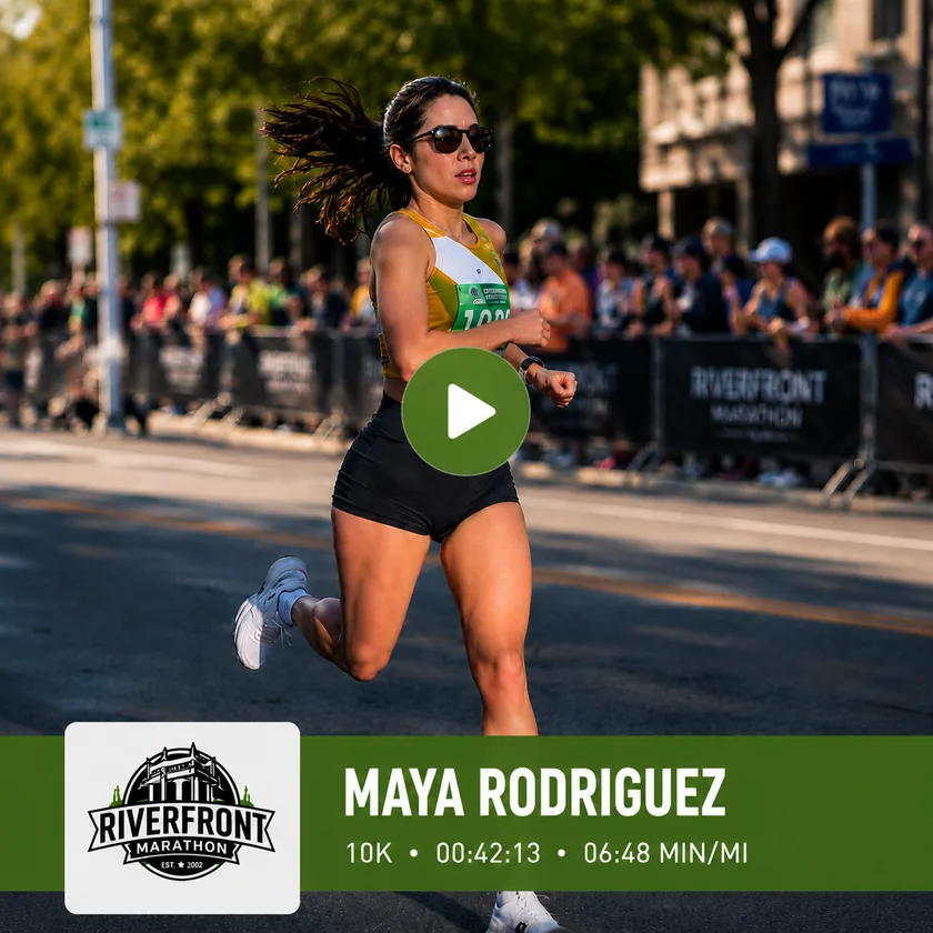 A personalized race video ready to play, captioned with the runner's name, distance, finish time and pace.