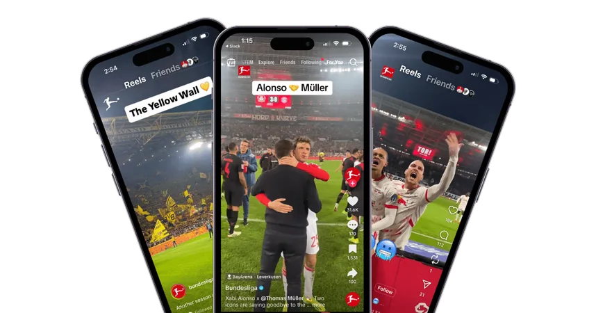 Bundesliga real-time matchday content across three phones — The Yellow Wall, Xabi Alonso and Thomas Müller, and an RB Leipzig celebration