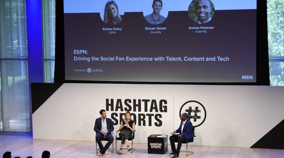Shawn Green, Kaitee Daley and Andrew Patterson on stage at Hashtag Sports panel discussing social fan insights.
