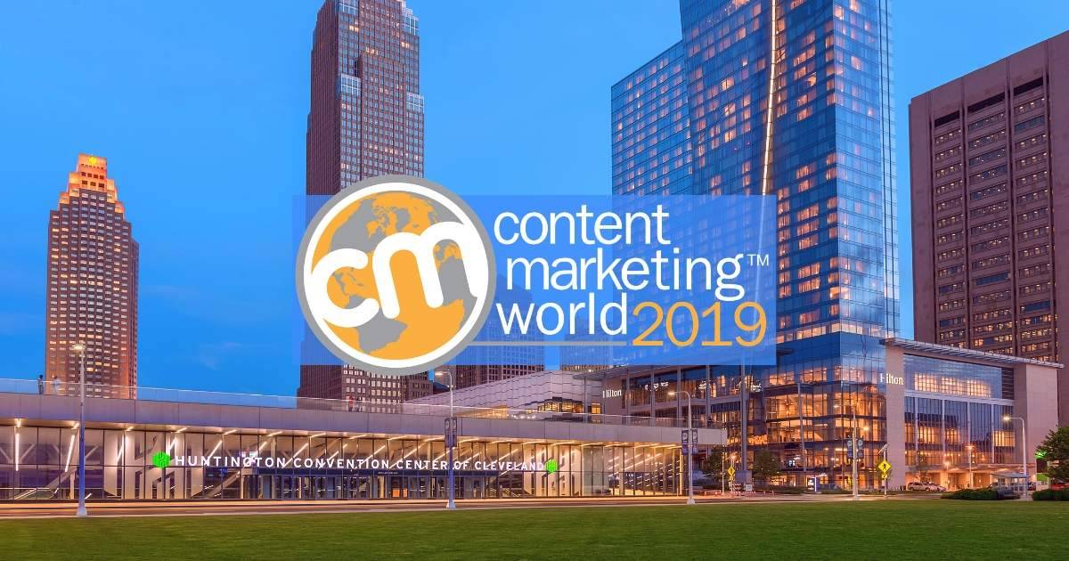 The logo for Content Marketing World 2019 placed over the venue, Huntington Convention Center of Cleveland.