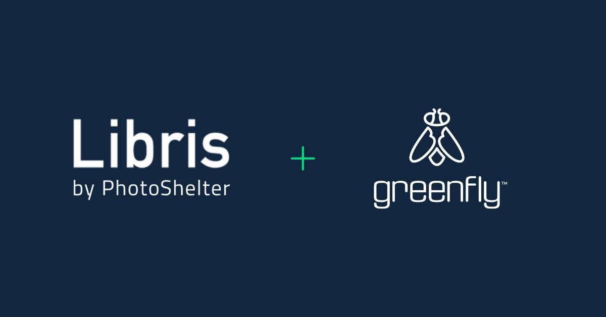 Libris by Photoshelter and Greenfly Logos sit side by side on a navy blue canvas.