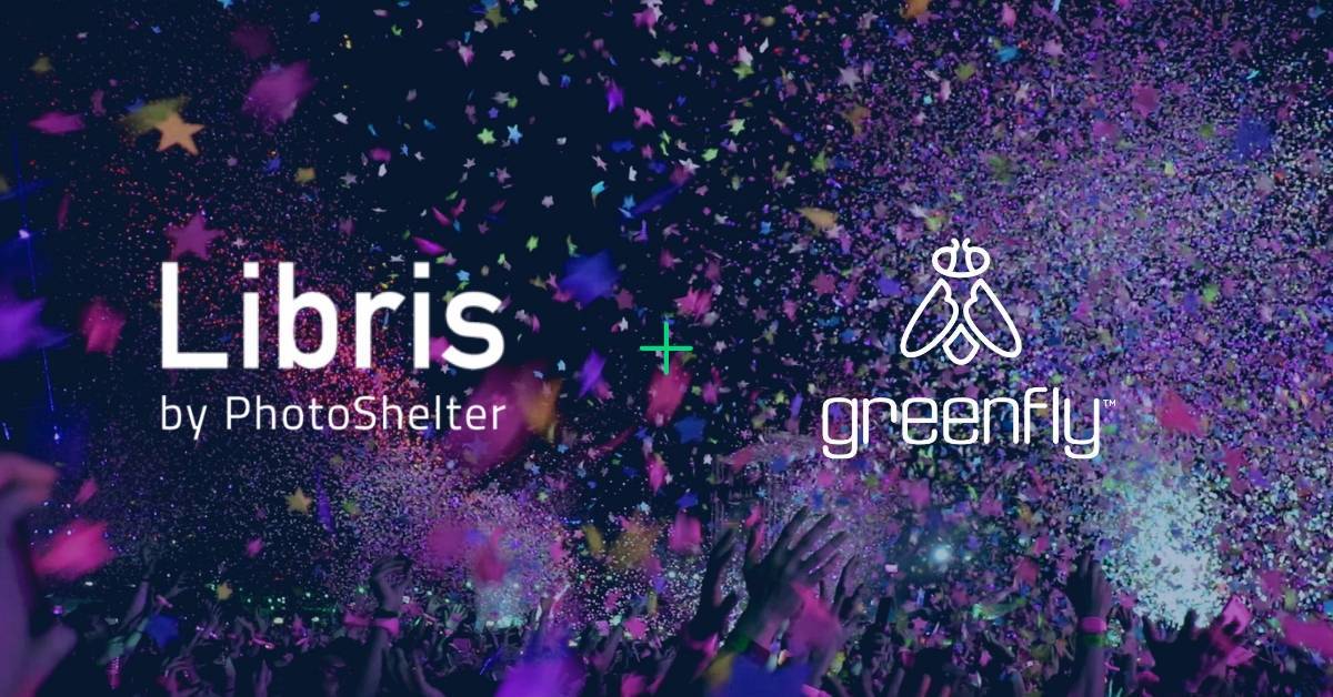 Libris by PhotoShelter and Greenfly logos over a background of confetti to announce integration for social content workflows.