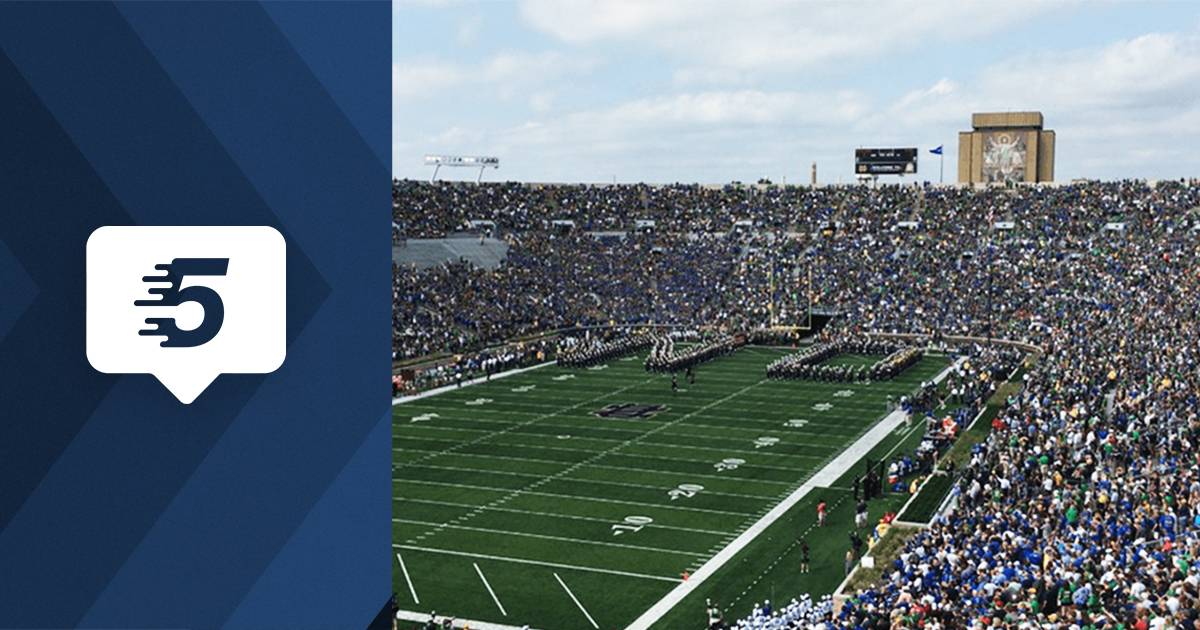 Notre Dame's Football Stadium during half-time and packed with fans as the marching band spells out the initials ND on the field.