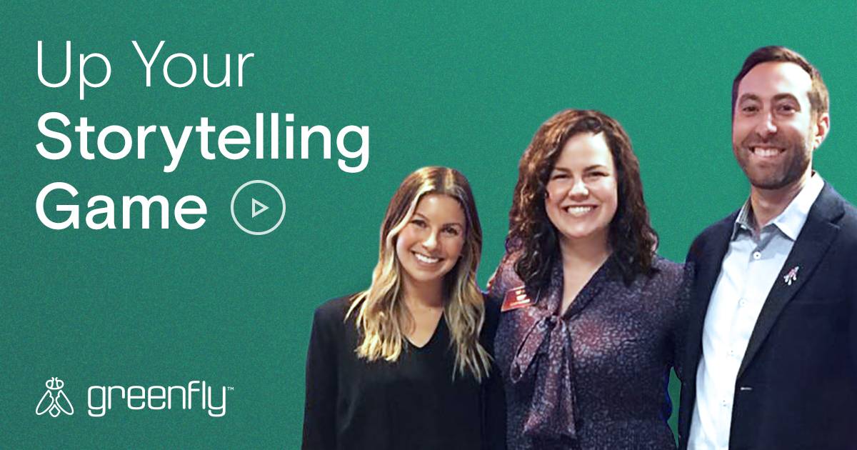 Up Your Storytelling Game session title with speakers and Greenfly logo.