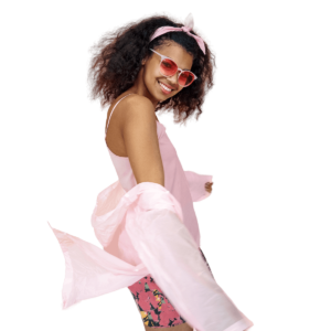 Young black woman wearing stylish glasses raincoat isolated on a pink background