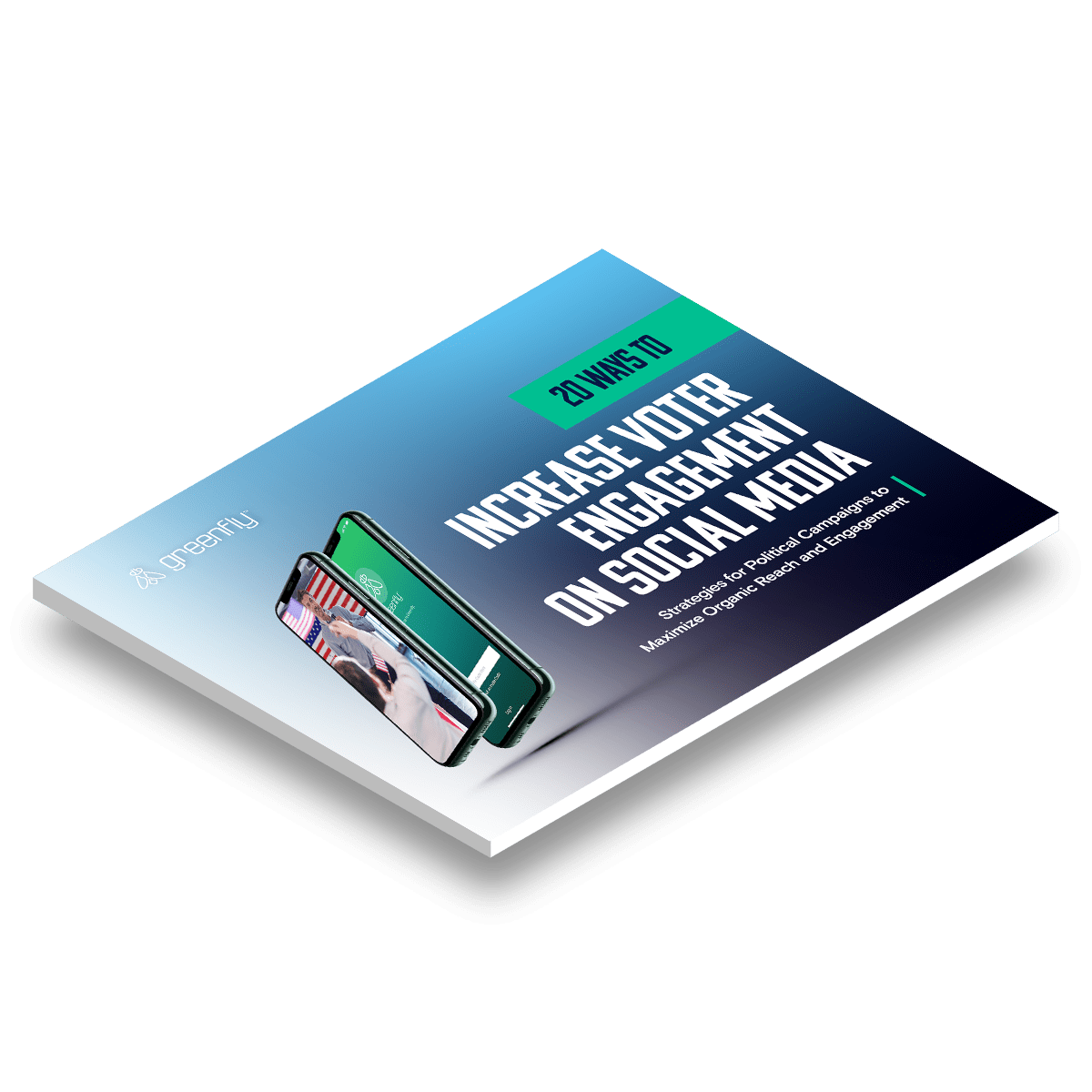 A 3d rendering of the printed guide titled “20 Ways to Increase Voter Reach on Social Media ”
