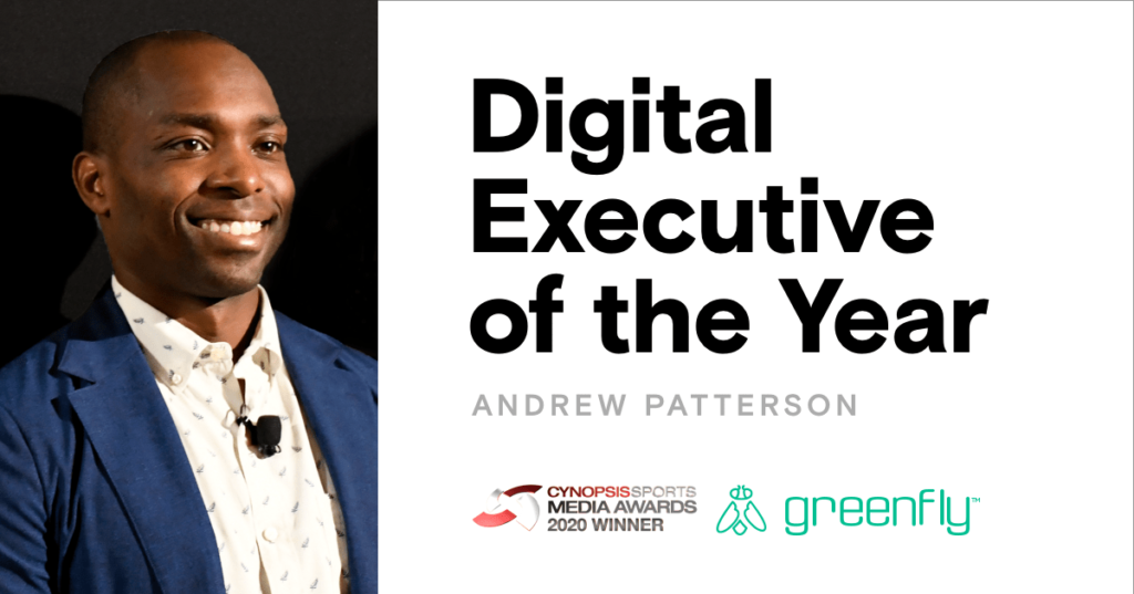 Photo of Andrew Patterson next to text Digital Executive of the Year and Cynopsis Sports Media Awards and Greenfly logos.