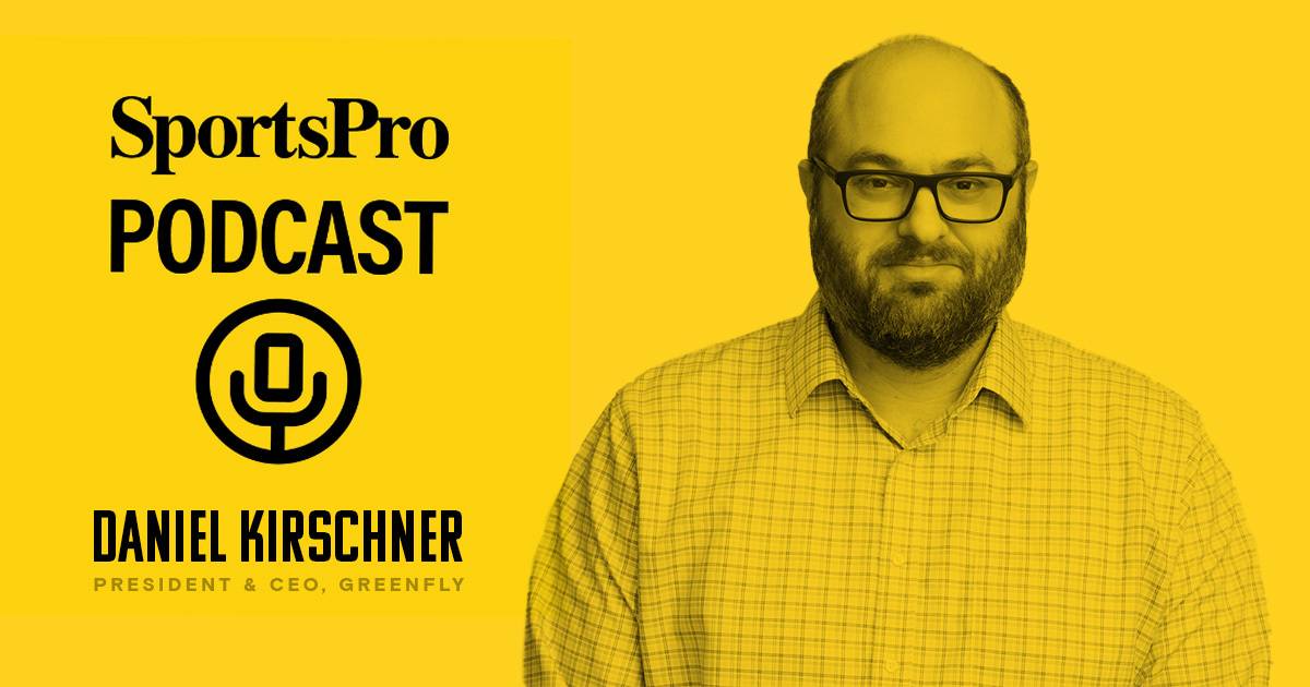 Image of Daniel Kirschner, President & CEO of Greenfly on yellow background and SportsPro Podcast logo.