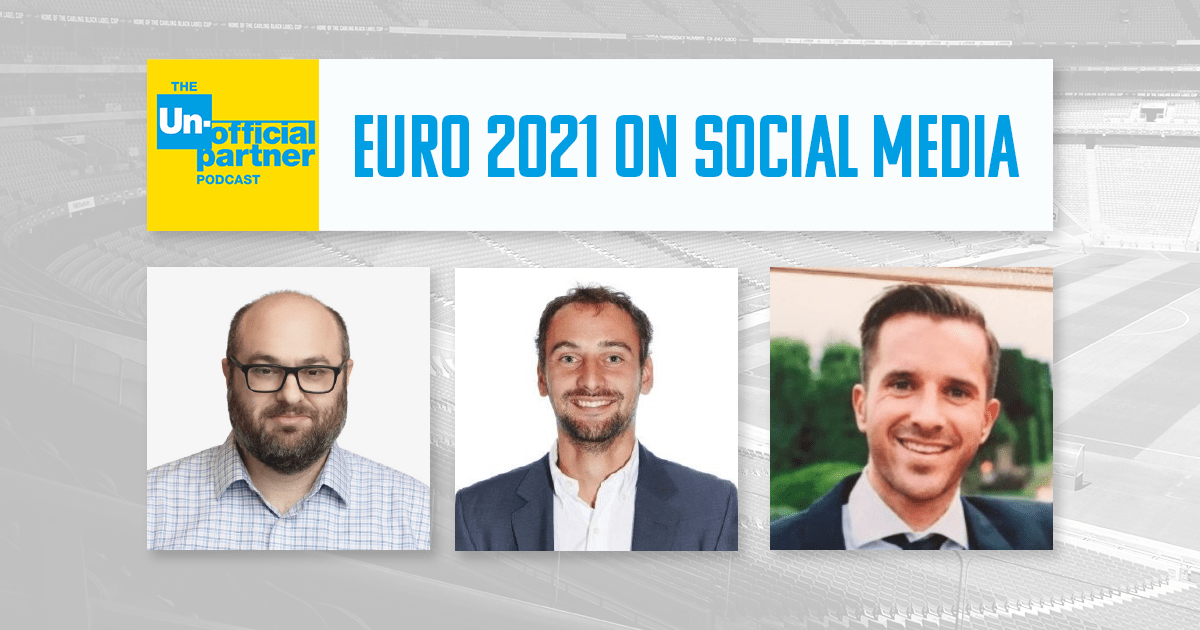 Unofficial Partner Podcast with 3 speaker images and title of Euro 2021 on Social Media