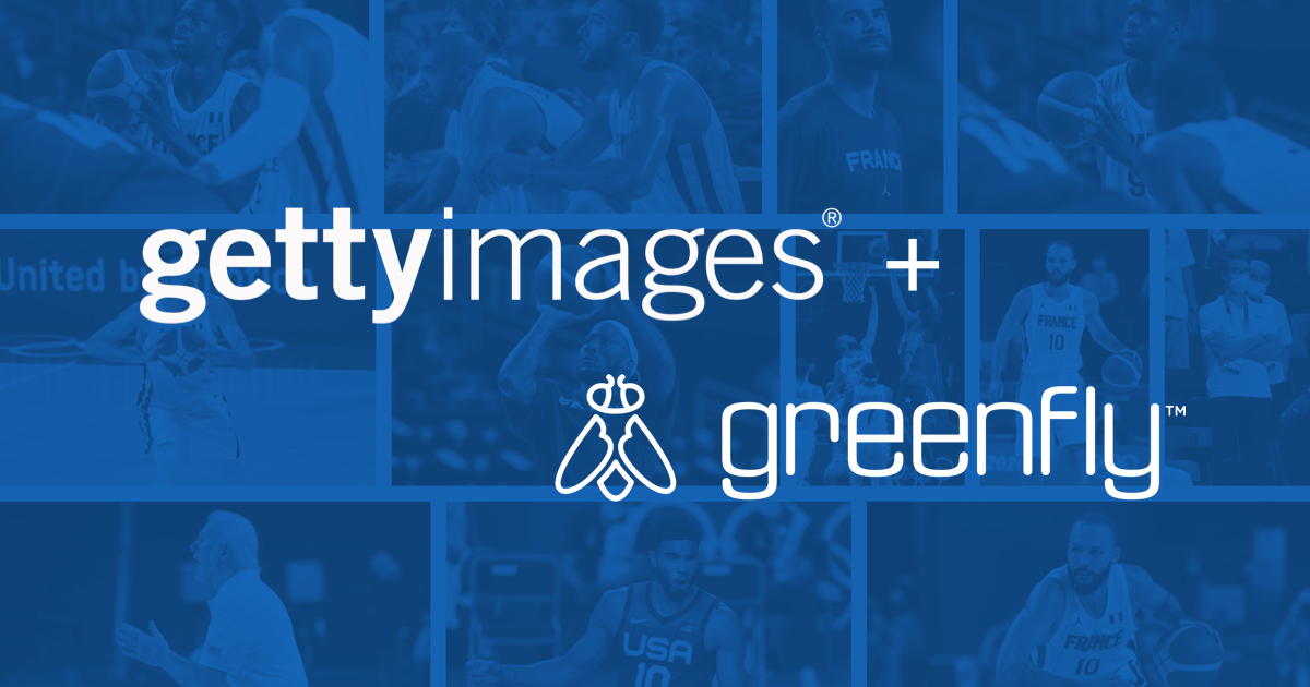 Getty Images and Greenfly logo on blue background to announce partnership.