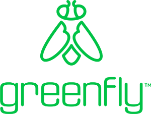 the Greenfly logo stacked vertically with the fly icon above the name Greenfly, all in the color green