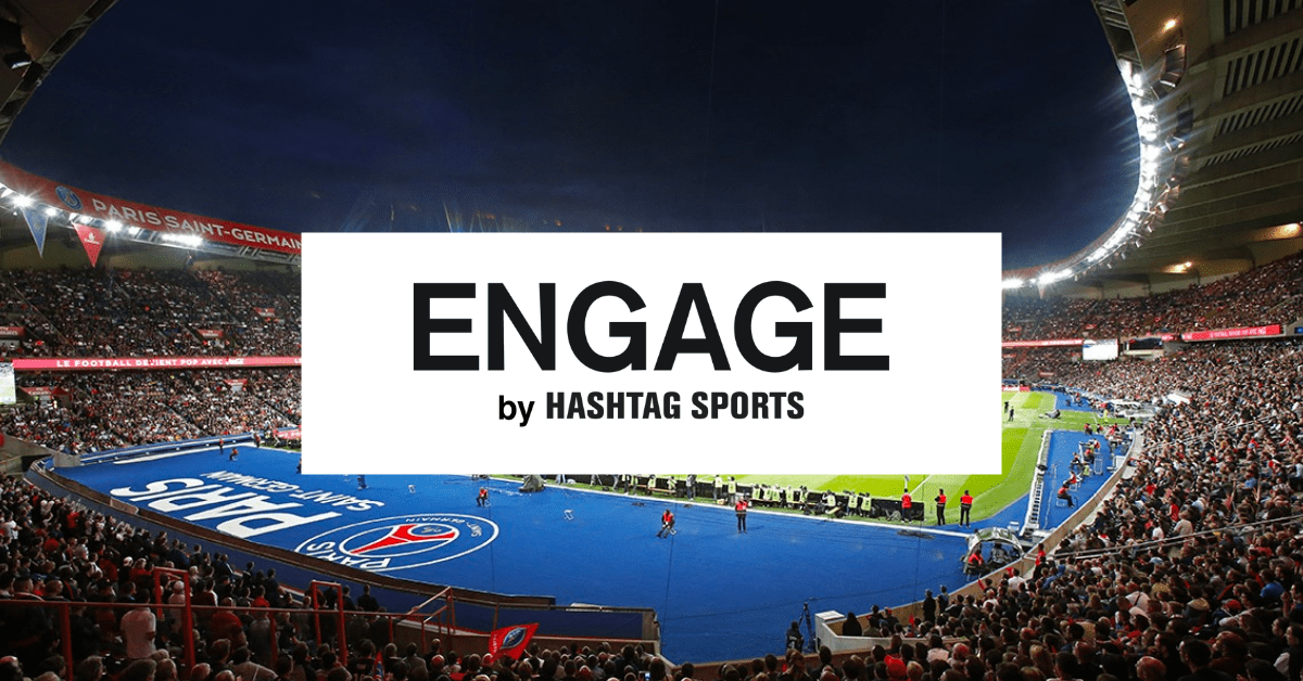 Engage by Hashtag Sports logo over soccer field image- content creation sports