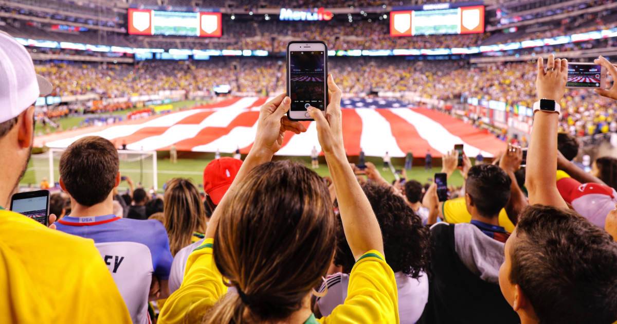 fan with mobile phone at sports game - what is digital asset management