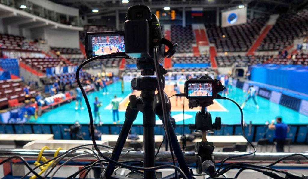TV camera on before broadcasting a volleyball match by a media asset manager