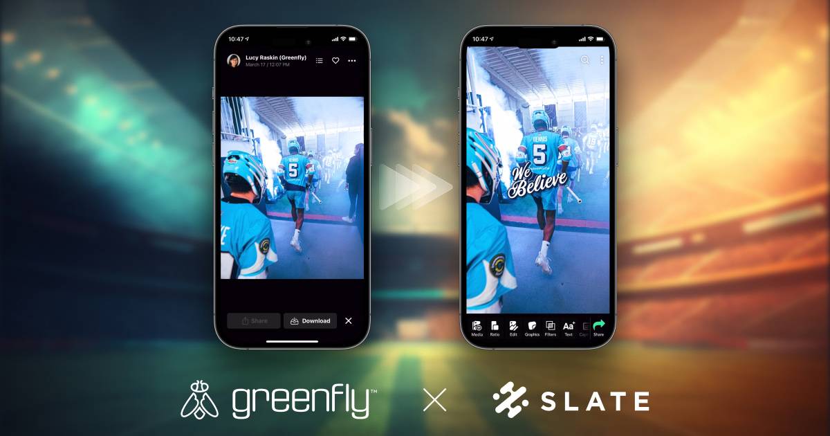 Greenfly and Slate white logos under two phones with PLL player image, one with overlays for enhanced real-time assets for social media.