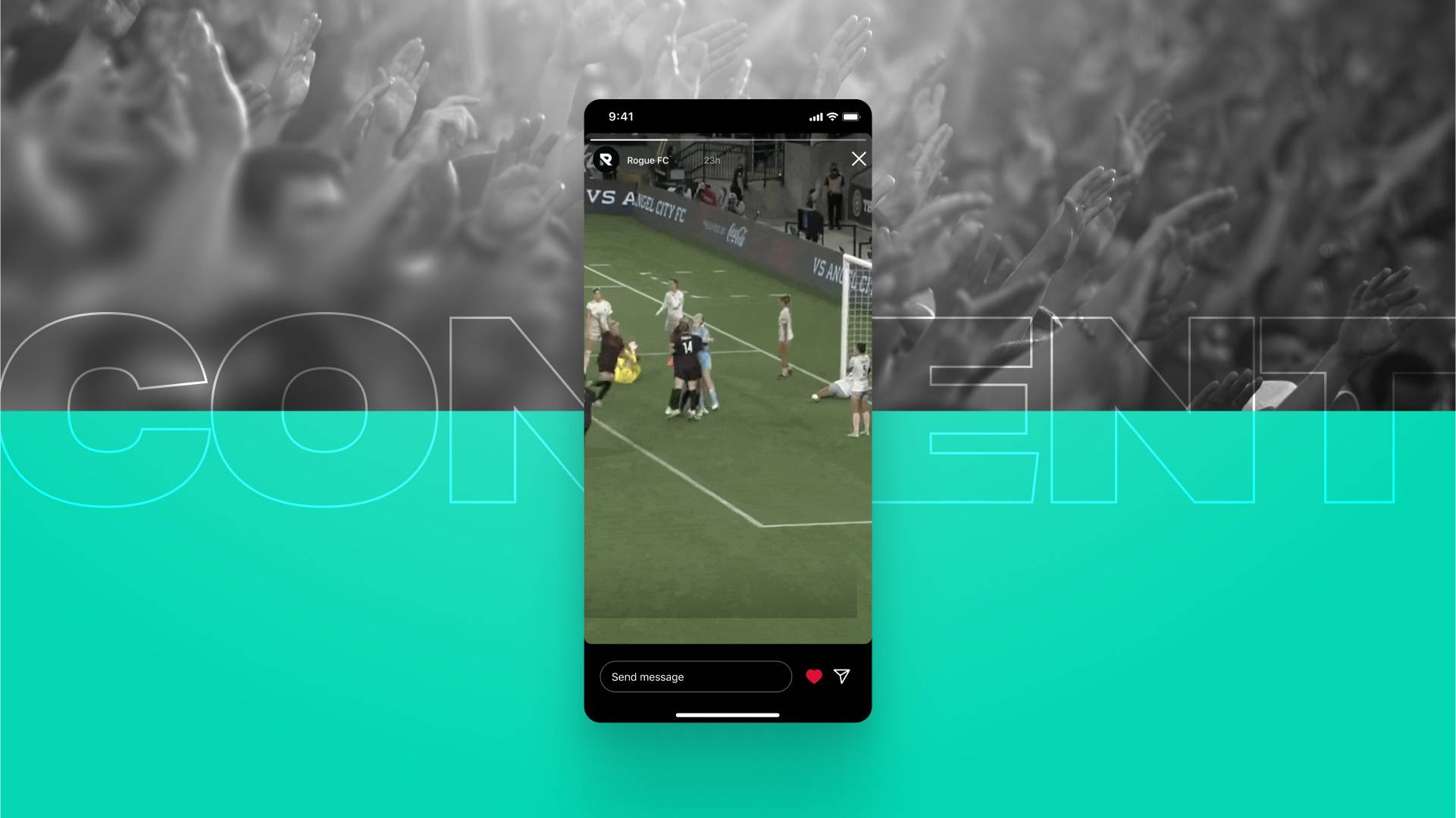 Instagram stories clip of women's soccer game to note short-form content as digital media currency, on green and black background poster with word content.
