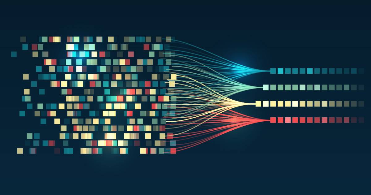 Digital media orchestration graphic of color-coded assets moving from left to right.