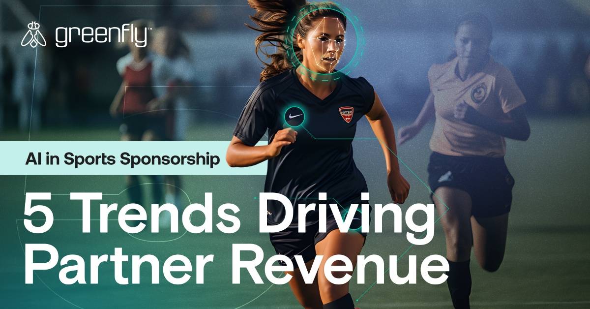 AI in Sports Sponsorship: 5 Trends Driving Partner Revenue text over foreground image of two soccer players running.
