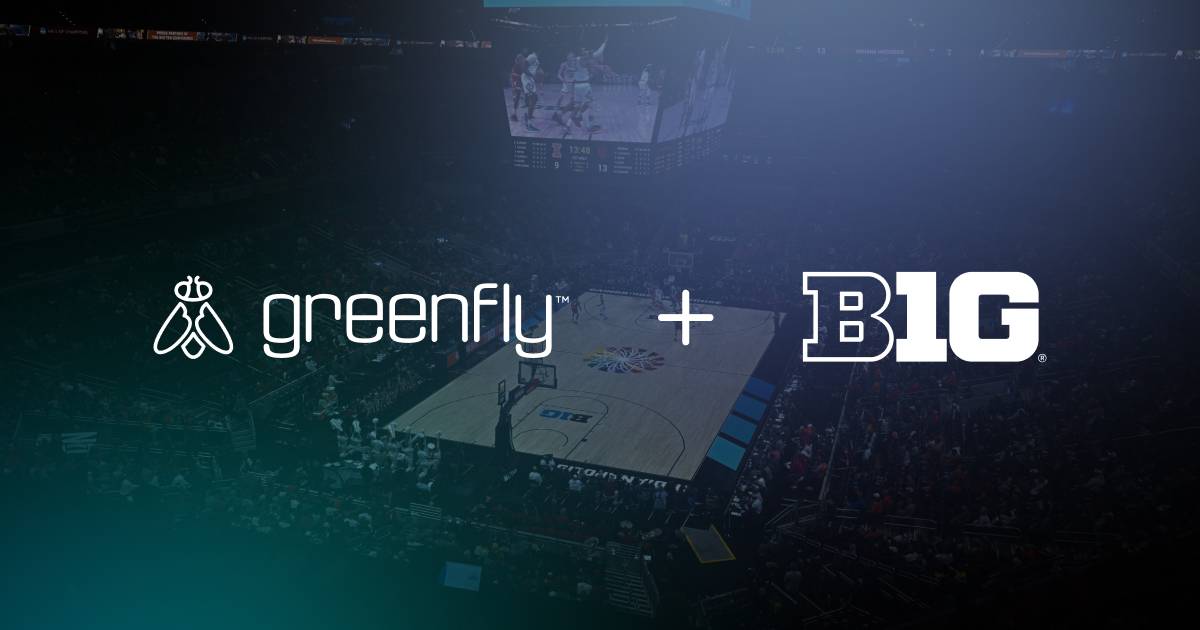 Big Ten Greenfly logo lockup on basketball court background image.
