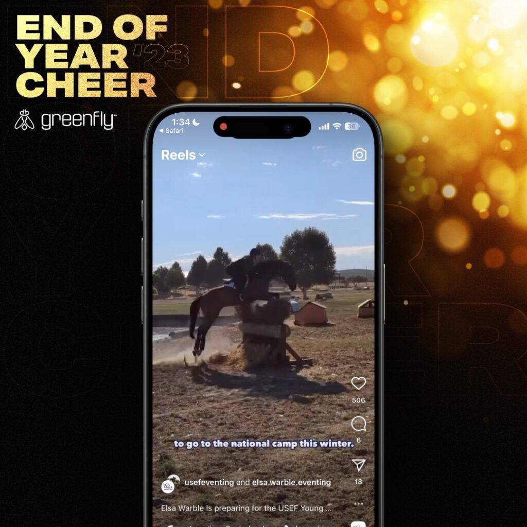 2023 Best Digital Marketing Examples Poster - Day 6 US Equestrian image in phone on gold background.