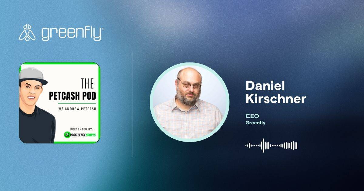 Daniel Kirschner CEO of Greenfly joins the Petcash Pod to talk about the growth of short-form content in sports. Headshot and show image.