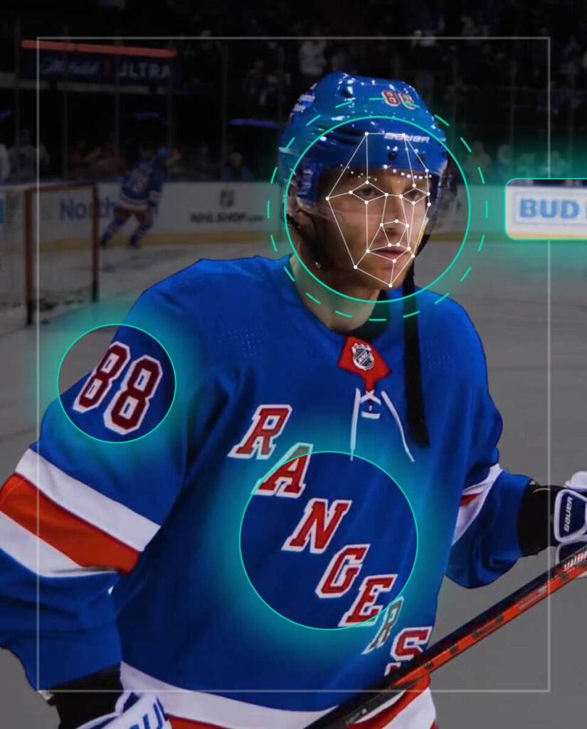 A hockey player in a blue New York Rangers jersey with the number 88, featuring AI-style highlights on their face, jersey, and number.